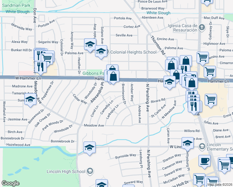 map of restaurants, bars, coffee shops, grocery stores, and more near 7525 Oakmont Drive in Stockton