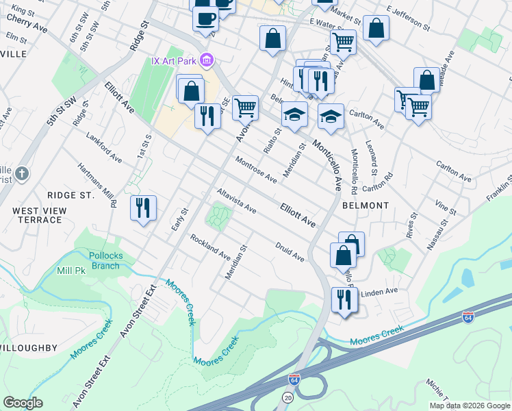 map of restaurants, bars, coffee shops, grocery stores, and more near 901 Altavista Avenue in Charlottesville