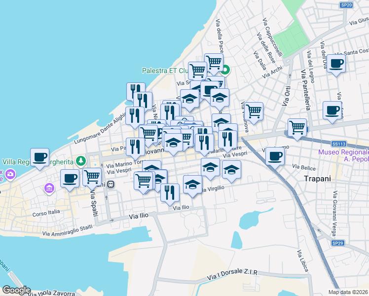 map of restaurants, bars, coffee shops, grocery stores, and more near in Trapani