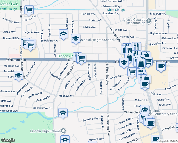 map of restaurants, bars, coffee shops, grocery stores, and more near 7720 Brentwood Drive in Stockton