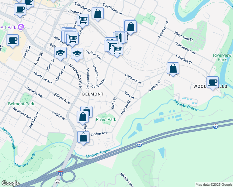 map of restaurants, bars, coffee shops, grocery stores, and more near 711 Rives Street in Charlottesville