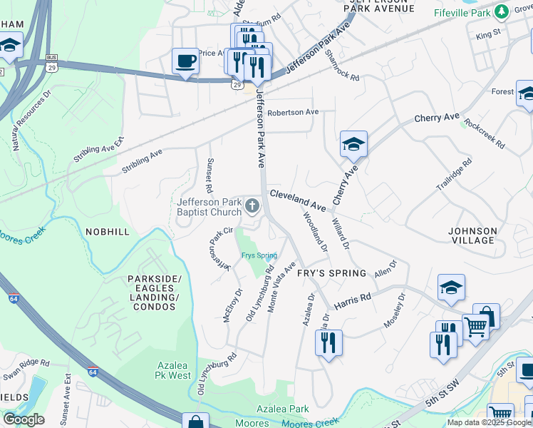 map of restaurants, bars, coffee shops, grocery stores, and more near 101 Park Road in Charlottesville