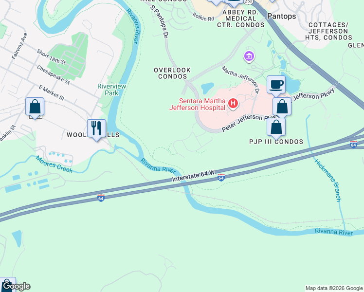 map of restaurants, bars, coffee shops, grocery stores, and more near Old Mills Trail in Charlottesville