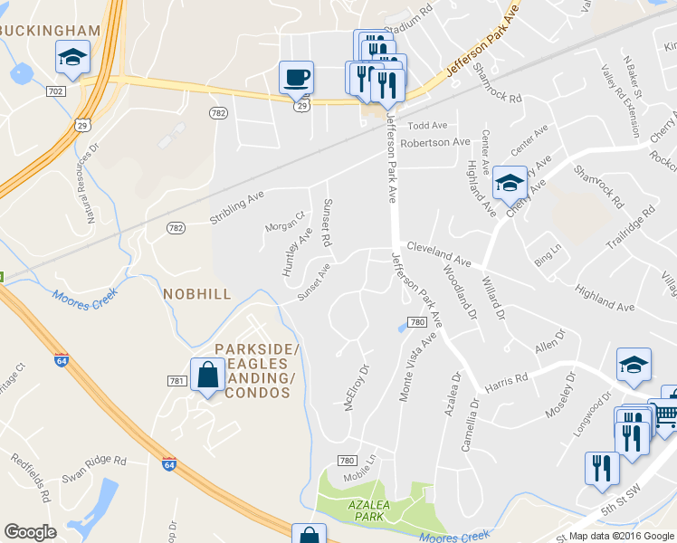 map of restaurants, bars, coffee shops, grocery stores, and more near 2607 Jefferson Park Circle in Charlottesville