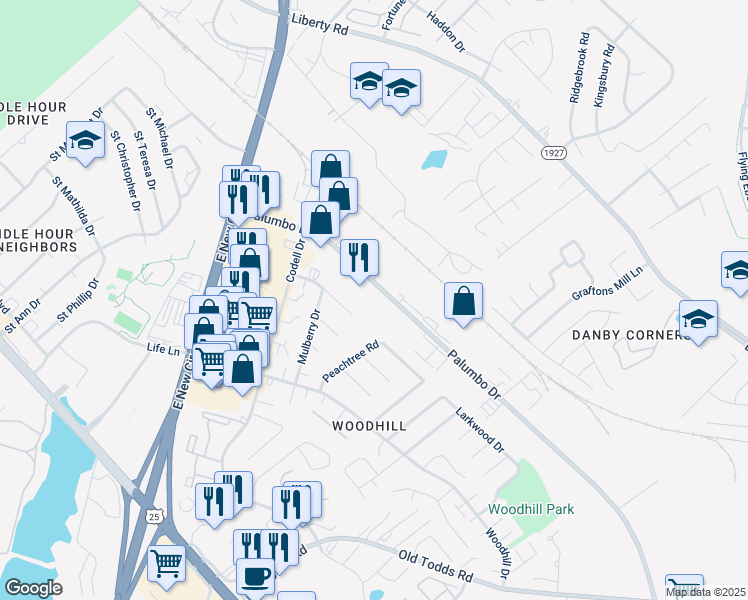 map of restaurants, bars, coffee shops, grocery stores, and more near 2430 Palumbo Drive in Lexington