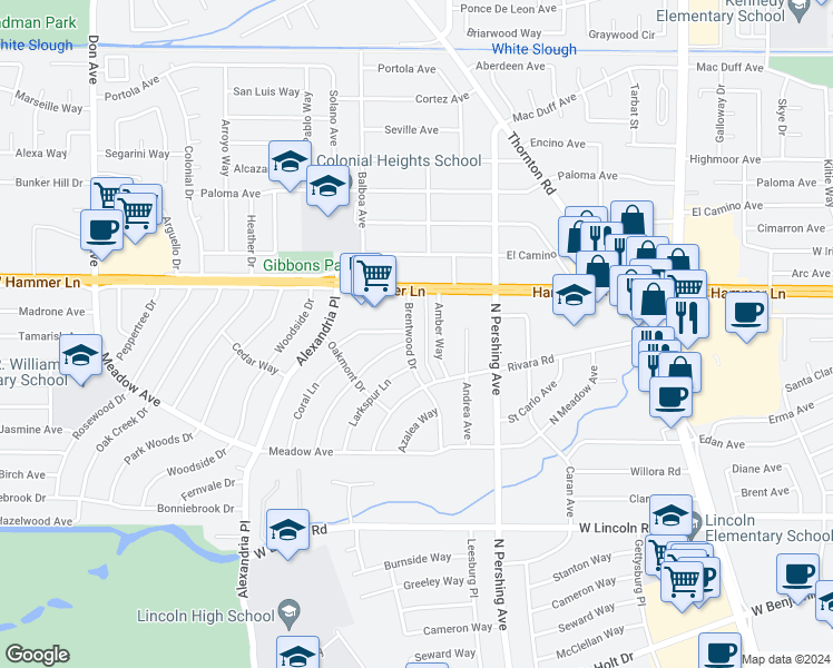 map of restaurants, bars, coffee shops, grocery stores, and more near 7722 Brentwood Drive in Stockton