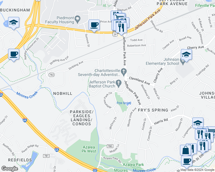 map of restaurants, bars, coffee shops, grocery stores, and more near 218 Sunset Avenue in Charlottesville