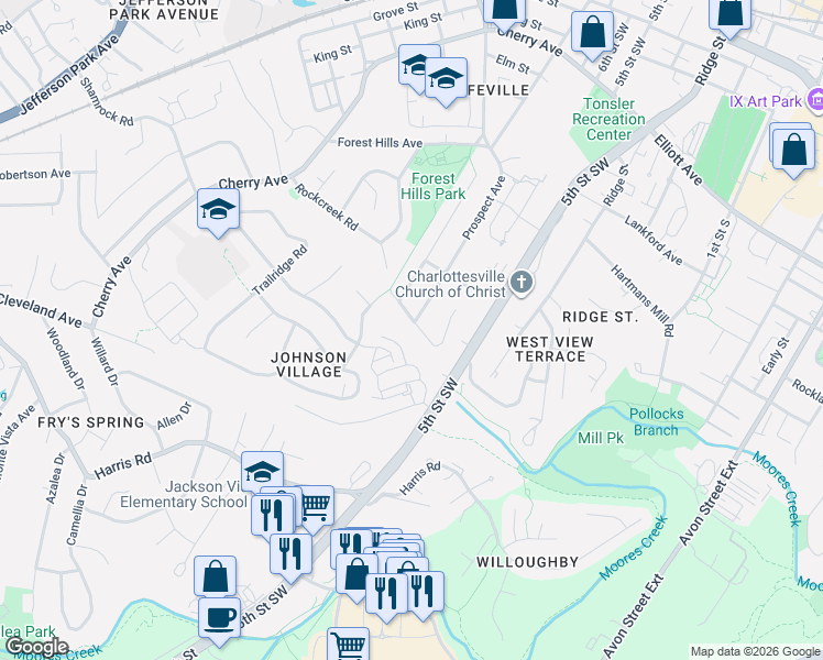 map of restaurants, bars, coffee shops, grocery stores, and more near 942 Rockcreek Road in Charlottesville