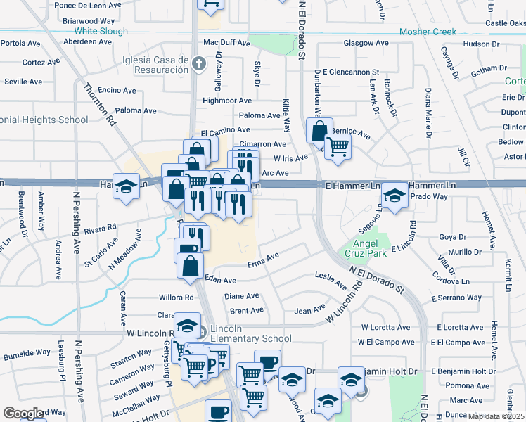 map of restaurants, bars, coffee shops, grocery stores, and more near 7720 Santa Ines Court in Stockton