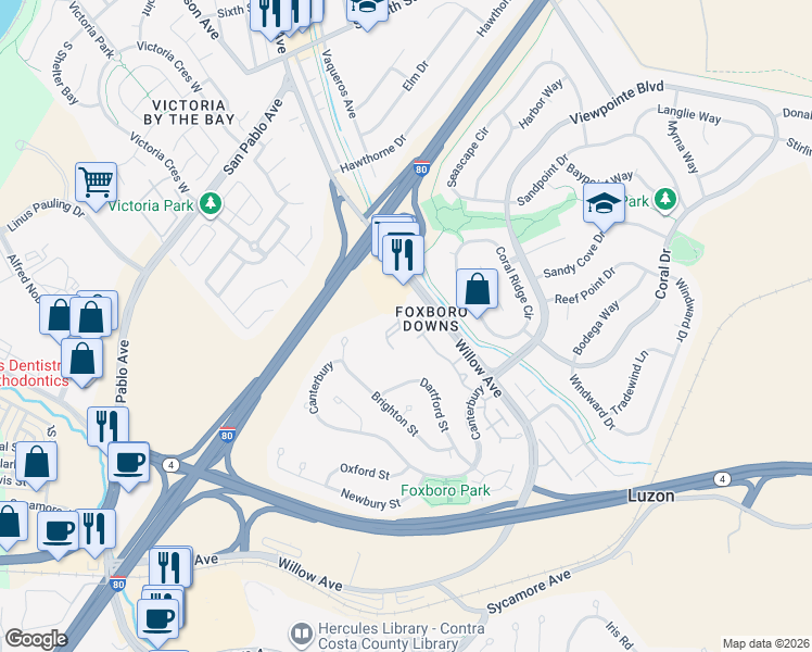 map of restaurants, bars, coffee shops, grocery stores, and more near 508 Bristol in Hercules