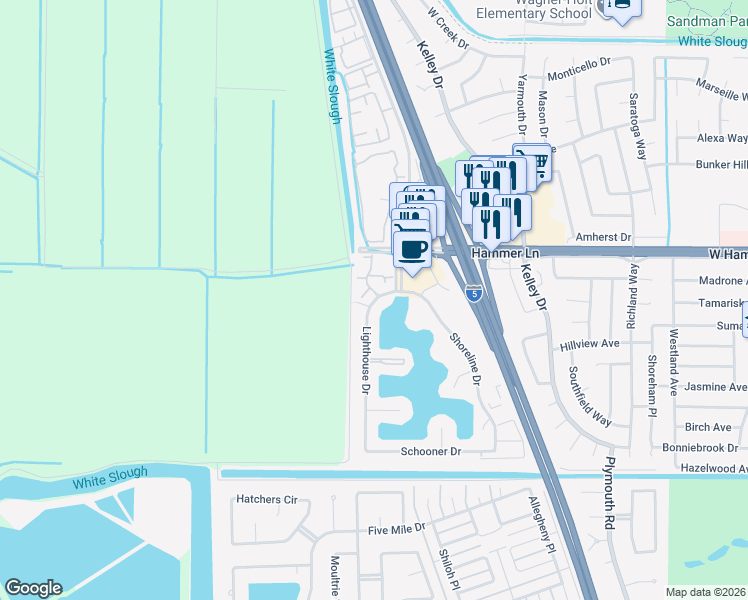 map of restaurants, bars, coffee shops, grocery stores, and more near 7530 Lighthouse Drive in Stockton
