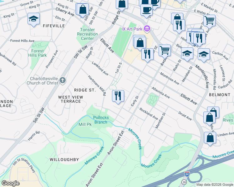map of restaurants, bars, coffee shops, grocery stores, and more near 1508 Rosa Terrace in Charlottesville