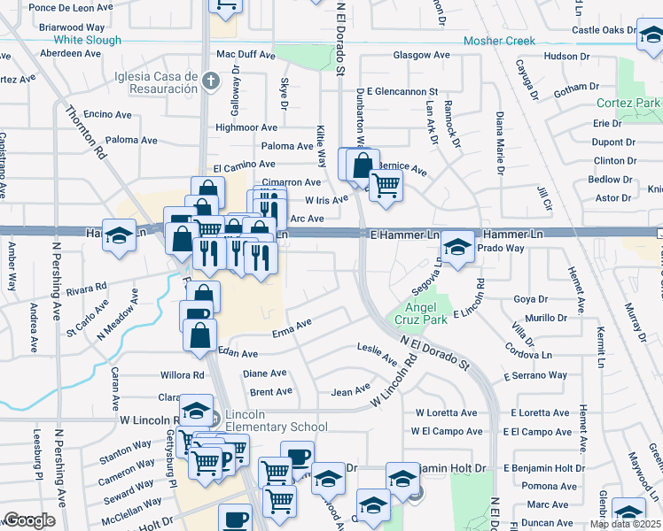 map of restaurants, bars, coffee shops, grocery stores, and more near 219 Santa Clara Street in Stockton