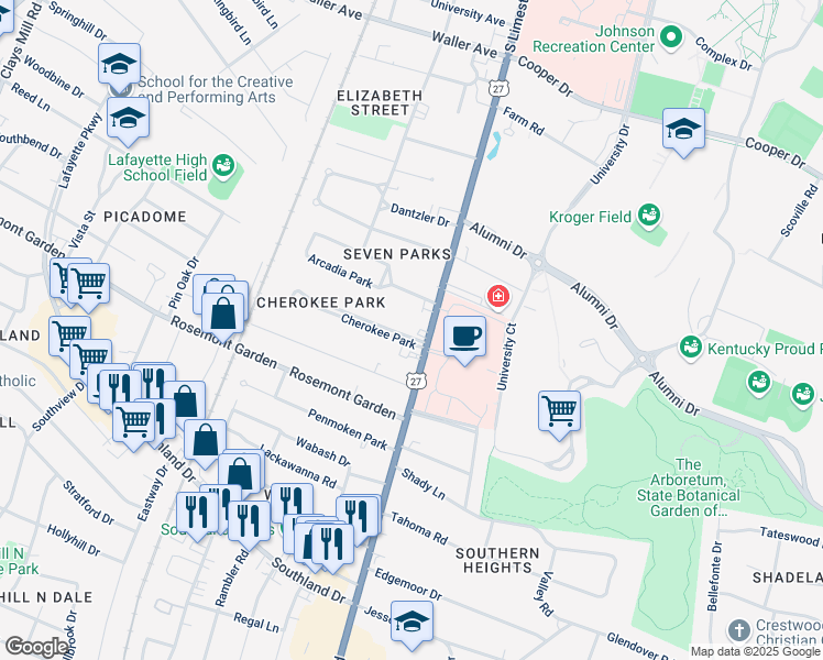 map of restaurants, bars, coffee shops, grocery stores, and more near 1721 Nicholasville Road in Lexington