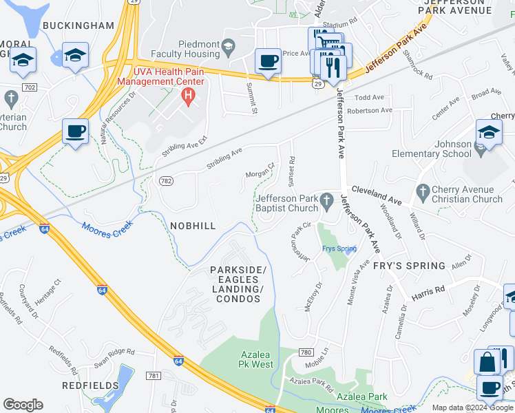 map of restaurants, bars, coffee shops, grocery stores, and more near 239 Huntley Avenue in Charlottesville