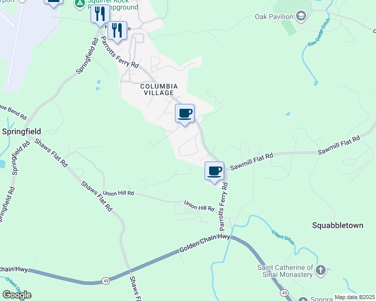 map of restaurants, bars, coffee shops, grocery stores, and more near 11334 Columbia Village Drive in Sonora