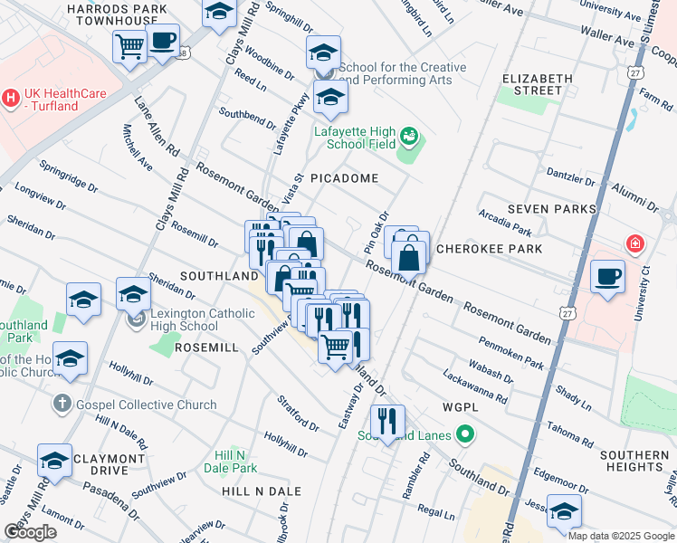 map of restaurants, bars, coffee shops, grocery stores, and more near 116 Cherrybark Drive in Lexington