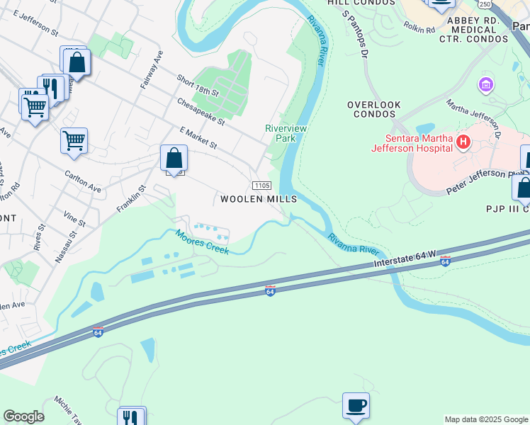 map of restaurants, bars, coffee shops, grocery stores, and more near 1837 Broadway Street in Charlottesville