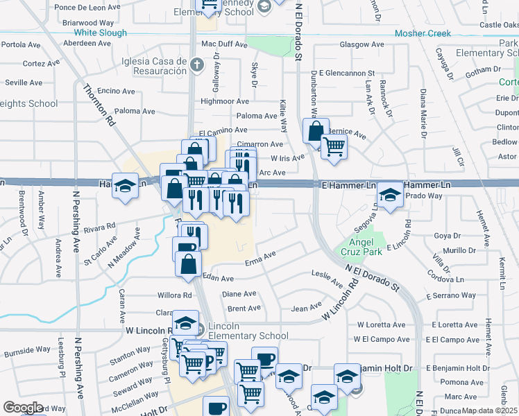 map of restaurants, bars, coffee shops, grocery stores, and more near 7722 Santa Ines Court in Stockton