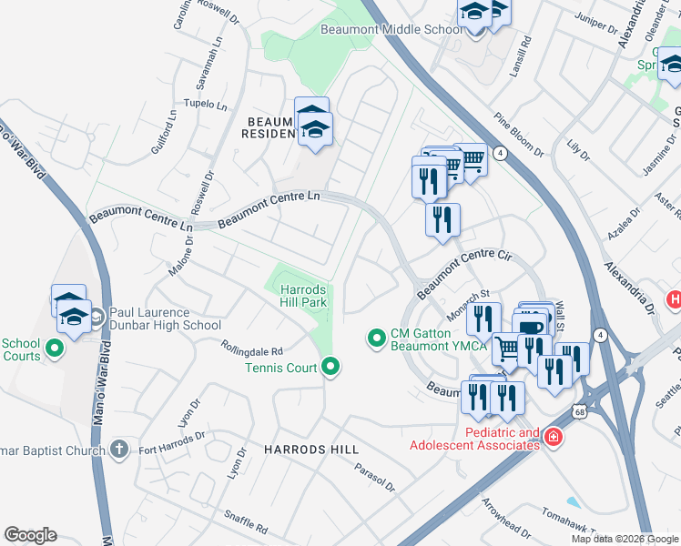 map of restaurants, bars, coffee shops, grocery stores, and more near 3057 Old Field Way in Lexington