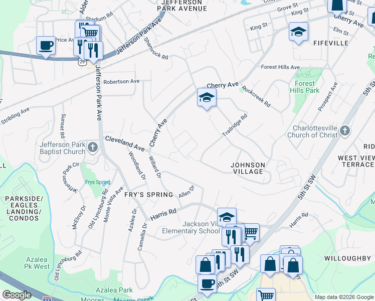 map of restaurants, bars, coffee shops, grocery stores, and more near 934 Bing Lane in Charlottesville