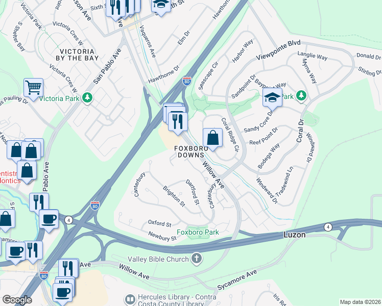 map of restaurants, bars, coffee shops, grocery stores, and more near 912 Dover in Hercules