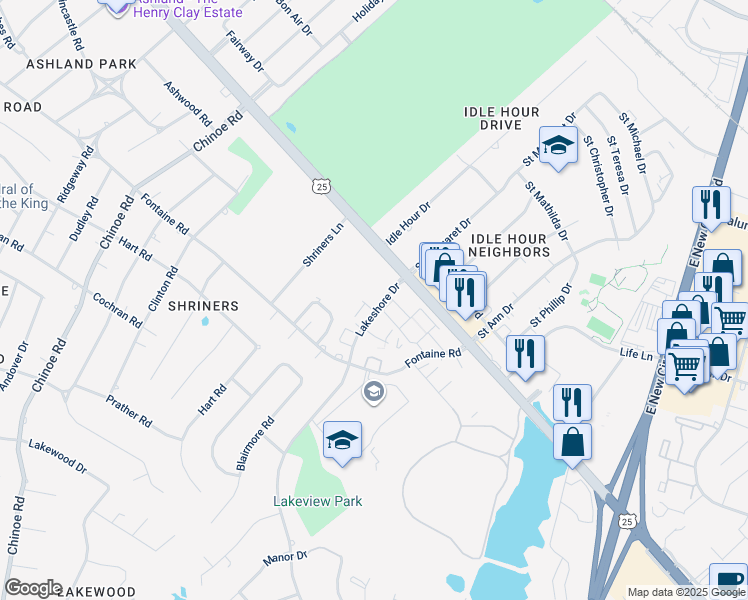 map of restaurants, bars, coffee shops, grocery stores, and more near 147 Lakeshore Drive in Lexington