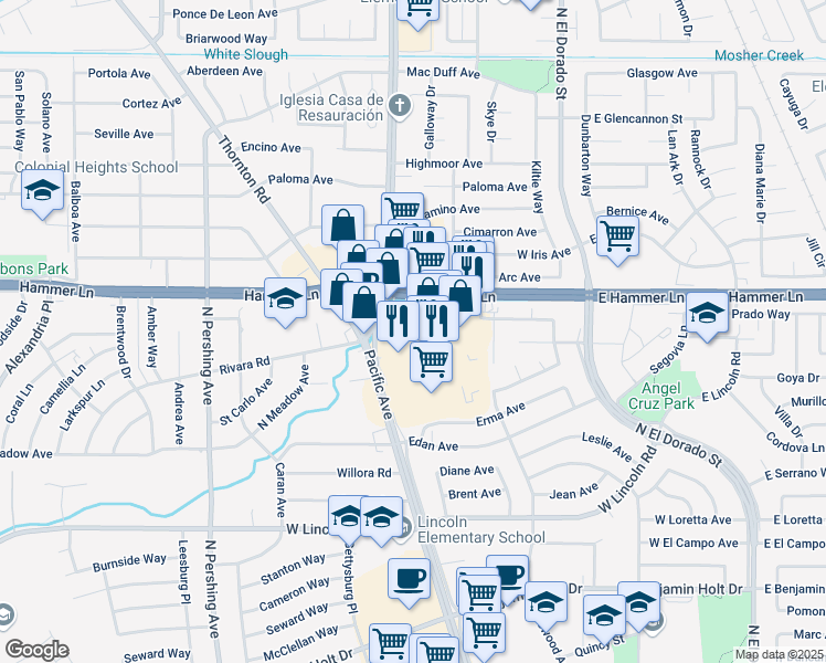map of restaurants, bars, coffee shops, grocery stores, and more near Unnamed Road in Stockton