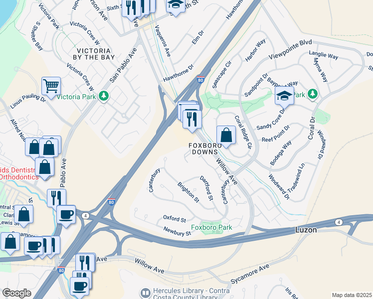 map of restaurants, bars, coffee shops, grocery stores, and more near 1411 Chelsea in Hercules