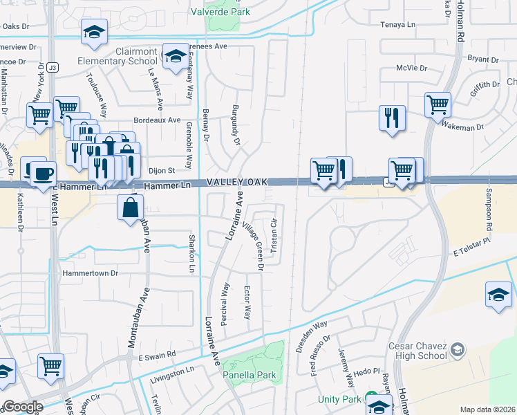 map of restaurants, bars, coffee shops, grocery stores, and more near 7720 Lorraine Avenue in Stockton