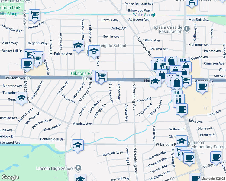 map of restaurants, bars, coffee shops, grocery stores, and more near 1612 West Hammer Lane in Stockton