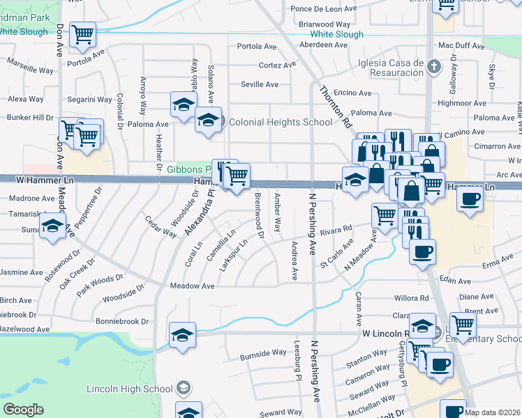 map of restaurants, bars, coffee shops, grocery stores, and more near 1612 West Hammer Lane in Stockton