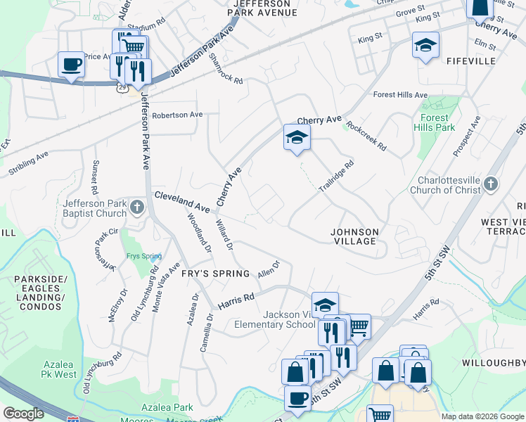 map of restaurants, bars, coffee shops, grocery stores, and more near 930 Rainier Road in Charlottesville