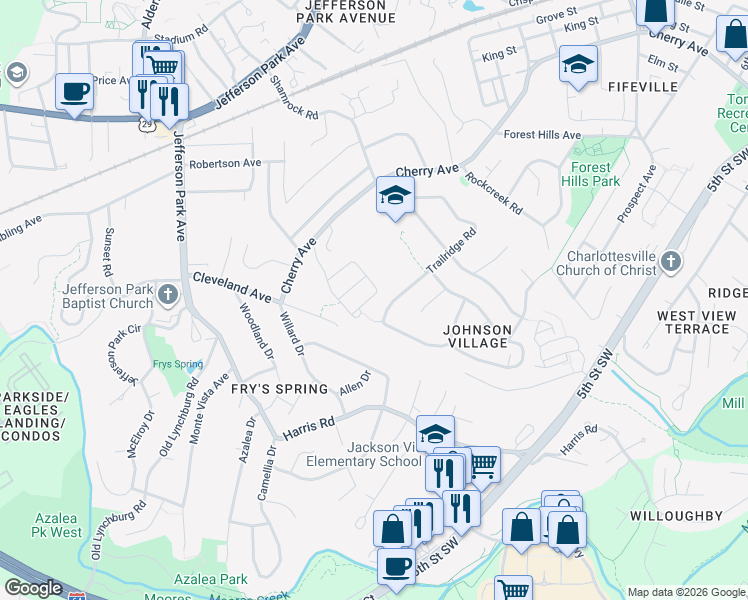 map of restaurants, bars, coffee shops, grocery stores, and more near 934 Bing Lane in Charlottesville