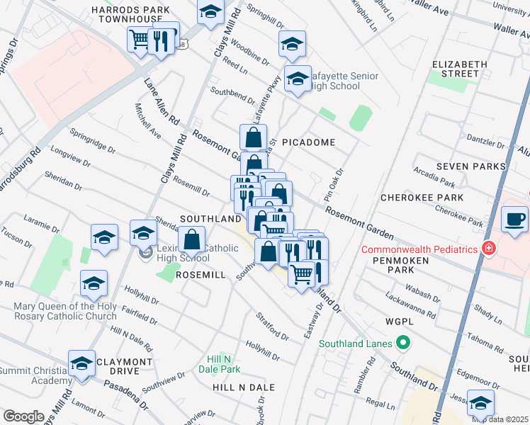 map of restaurants, bars, coffee shops, grocery stores, and more near 455 Southland Drive in Lexington