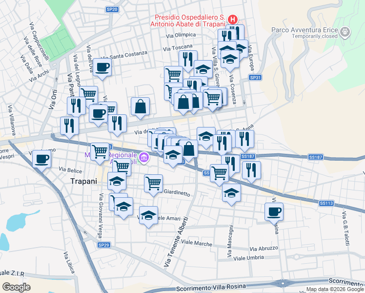 map of restaurants, bars, coffee shops, grocery stores, and more near 14 Via dell'Oca in Trapani