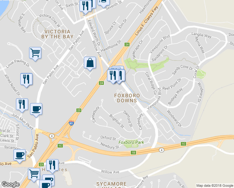 map of restaurants, bars, coffee shops, grocery stores, and more near 1411 Chelsea in Hercules