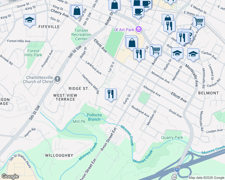 map of restaurants, bars, coffee shops, grocery stores, and more near 501 Stonehenge Avenue in Charlottesville