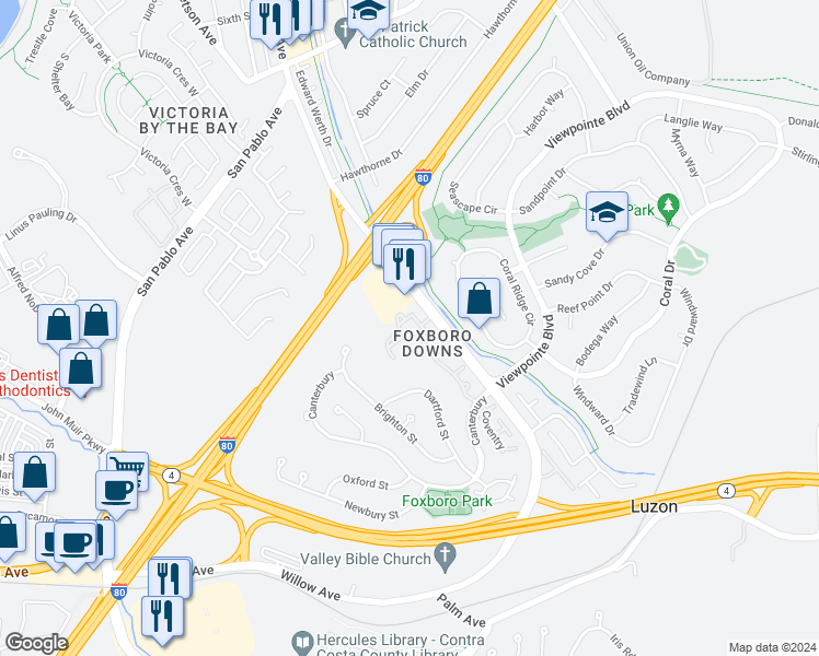 map of restaurants, bars, coffee shops, grocery stores, and more near 1105 Chelsea in Hercules