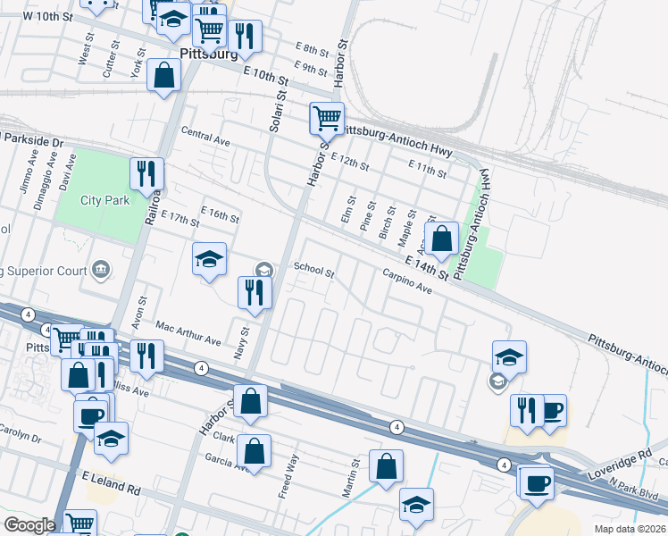 map of restaurants, bars, coffee shops, grocery stores, and more near 585 School Street in Pittsburg
