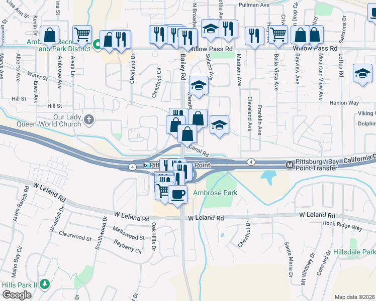 map of restaurants, bars, coffee shops, grocery stores, and more near 261 Bailey Road in Bay Point