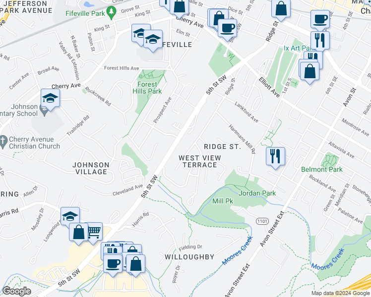 map of restaurants, bars, coffee shops, grocery stores, and more near 909 Ridge Street in Charlottesville