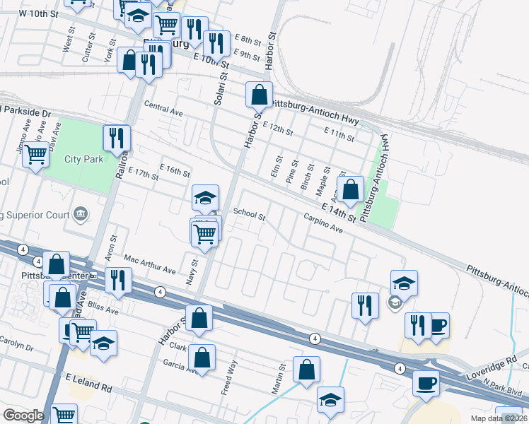 map of restaurants, bars, coffee shops, grocery stores, and more near 585 School Street in Pittsburg
