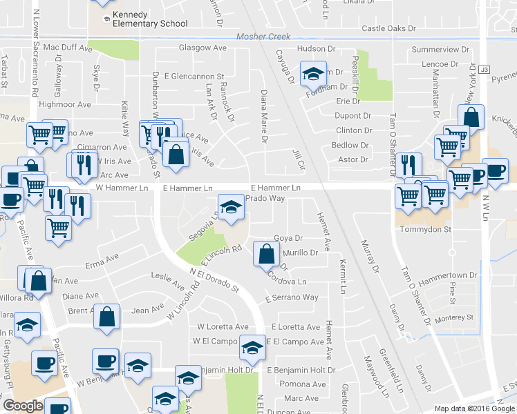 map of restaurants, bars, coffee shops, grocery stores, and more near 246 East Iris Avenue in Stockton