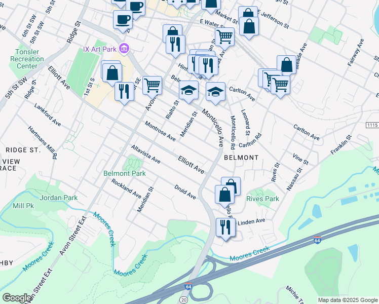 map of restaurants, bars, coffee shops, grocery stores, and more near 905 Montrose Avenue in Charlottesville