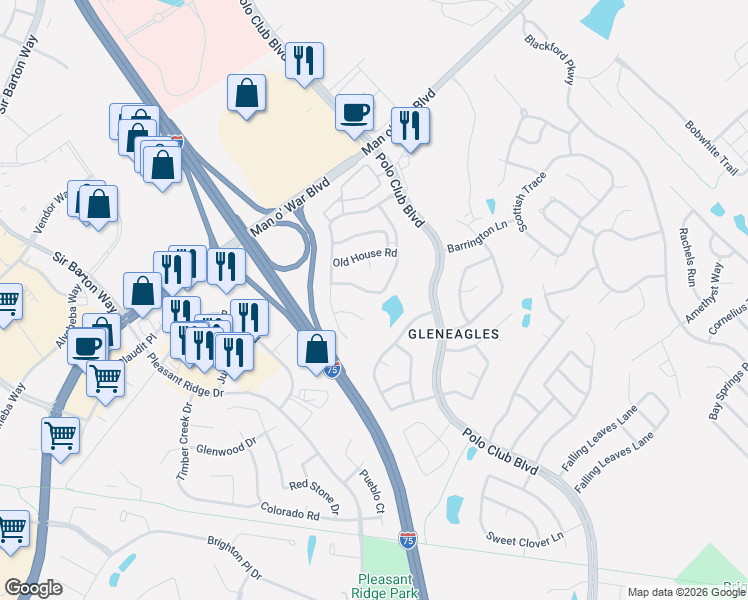map of restaurants, bars, coffee shops, grocery stores, and more near 3037 Roundway Down Lane in Lexington