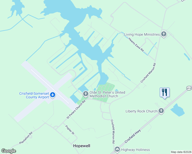 map of restaurants, bars, coffee shops, grocery stores, and more near 5033 Annemessex Road in Crisfield
