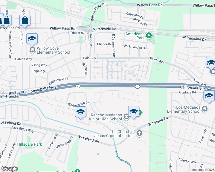 map of restaurants, bars, coffee shops, grocery stores, and more near California Delta Highway in Pittsburg