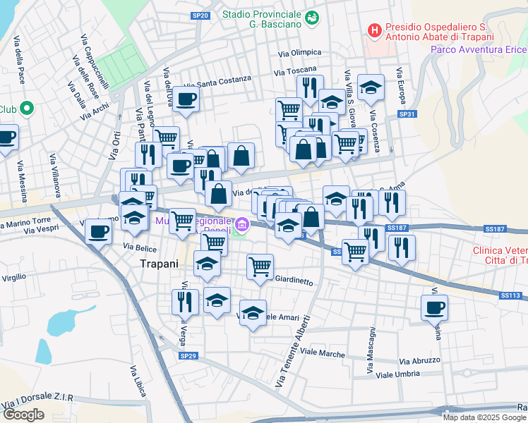 map of restaurants, bars, coffee shops, grocery stores, and more near 36 Via dei Cedri in Trapani