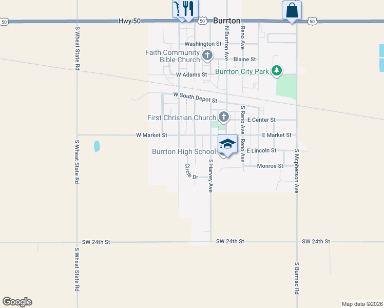 map of restaurants, bars, coffee shops, grocery stores, and more near 312 S Kansas Ave in Burrton